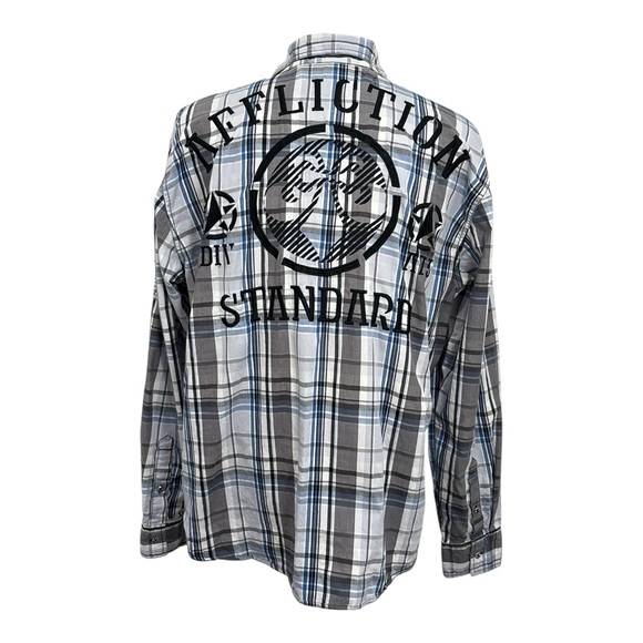 Affliction Black Premium Mens 2XL Large Long Sleeve Gray Blue Plaid Shirt Buckle - Picture 2 of 8